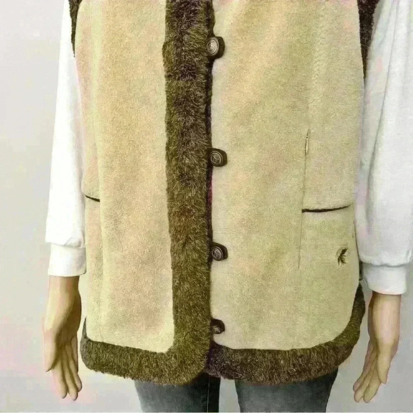 Vintage Oversized  Nature Tone Beige Fleece Button Down Vest with Faux Fur - Picture 4 of 12
